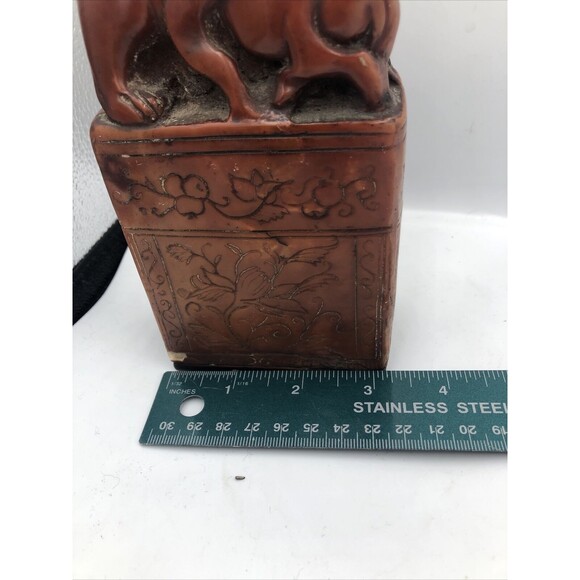 Vintage Chinese Soapstone Carved Foo Dog Library Bookend/ Brown Engraved Floral! - Picture 10 of 12